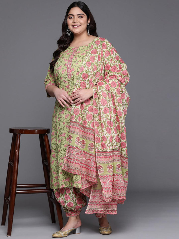 Plus Size Green Printed Cotton Suit Set