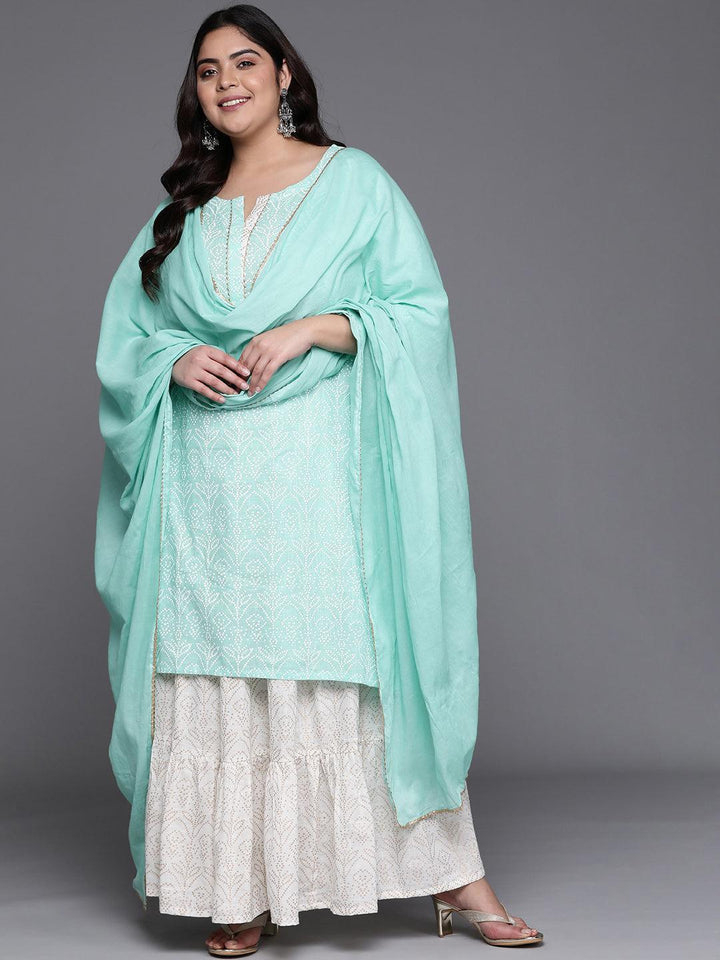 Plus Size Sea Green Printed Cotton Suit Set