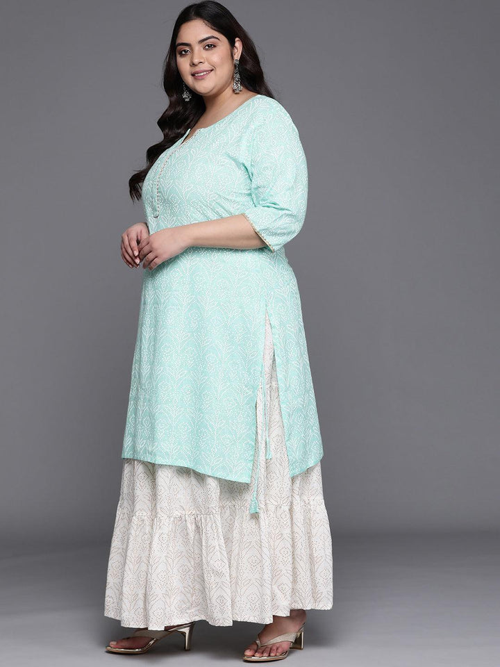 Plus Size Sea Green Printed Cotton Suit Set