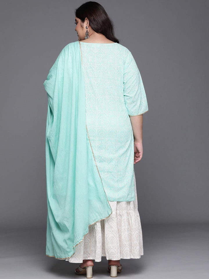 Plus Size Sea Green Printed Cotton Suit Set