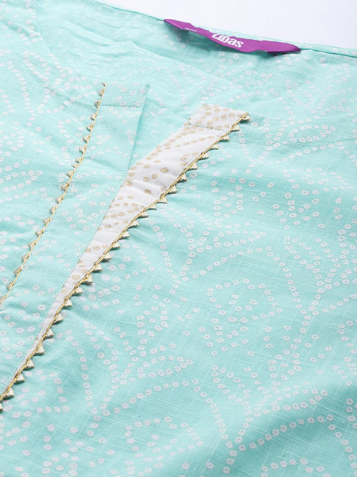 Plus Size Sea Green Printed Cotton Suit Set