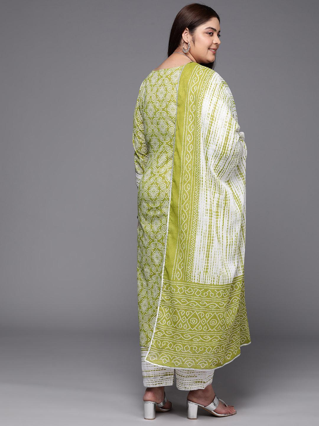 Plus Size Green Printed Cotton Suit Set With Trousers - ShopLibas