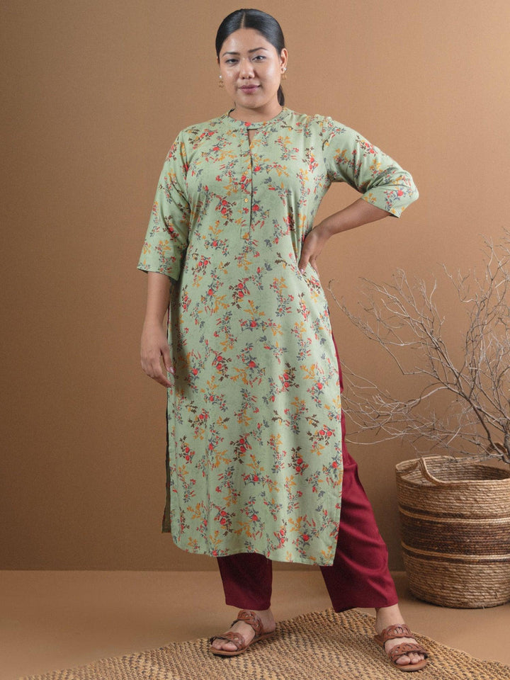 Plus Size Green Printed Rayon Straight Kurta