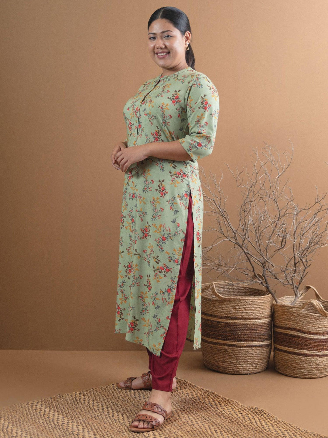 Plus Size Green Printed Rayon Straight Kurta - ShopLibas