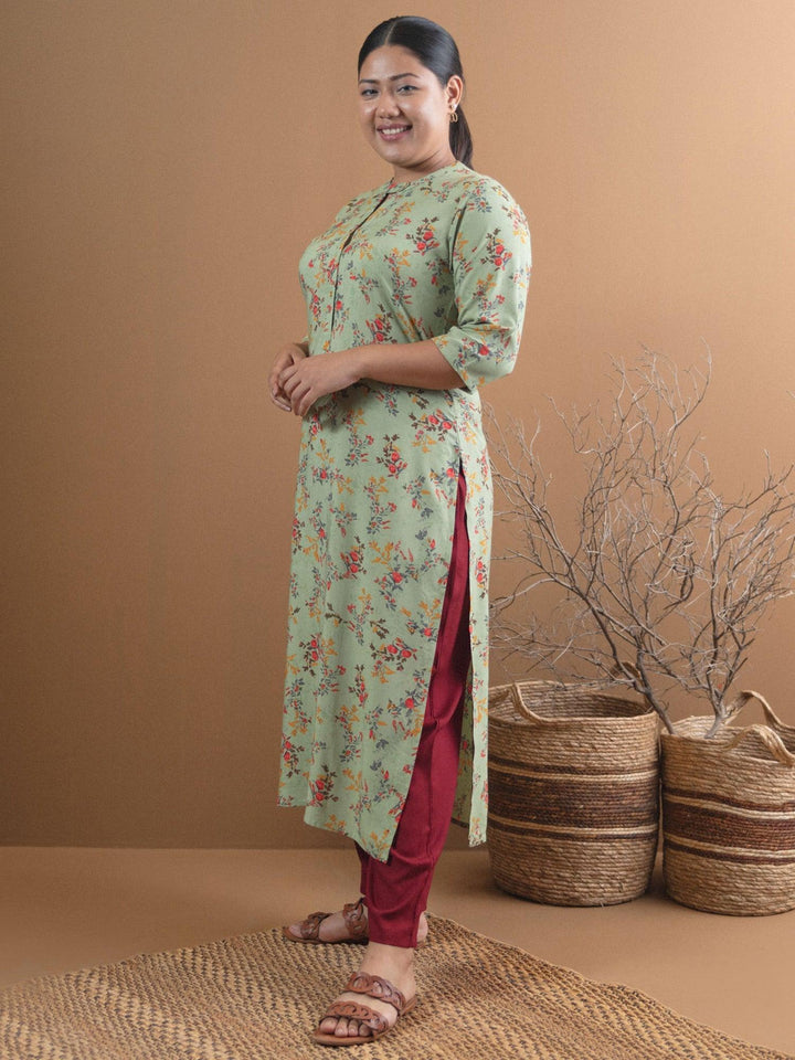 Plus Size Green Printed Rayon Straight Kurta