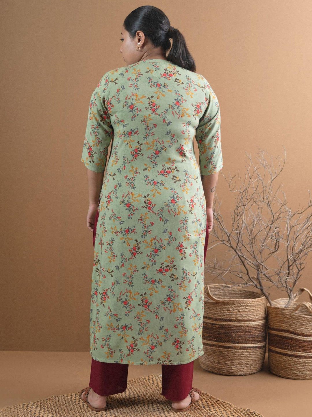 Plus Size Green Printed Rayon Straight Kurta - ShopLibas