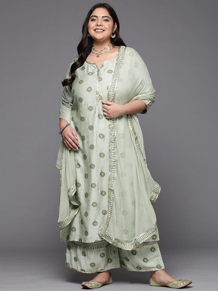 Plus Size Green Printed Silk Blend Straight Suit Set