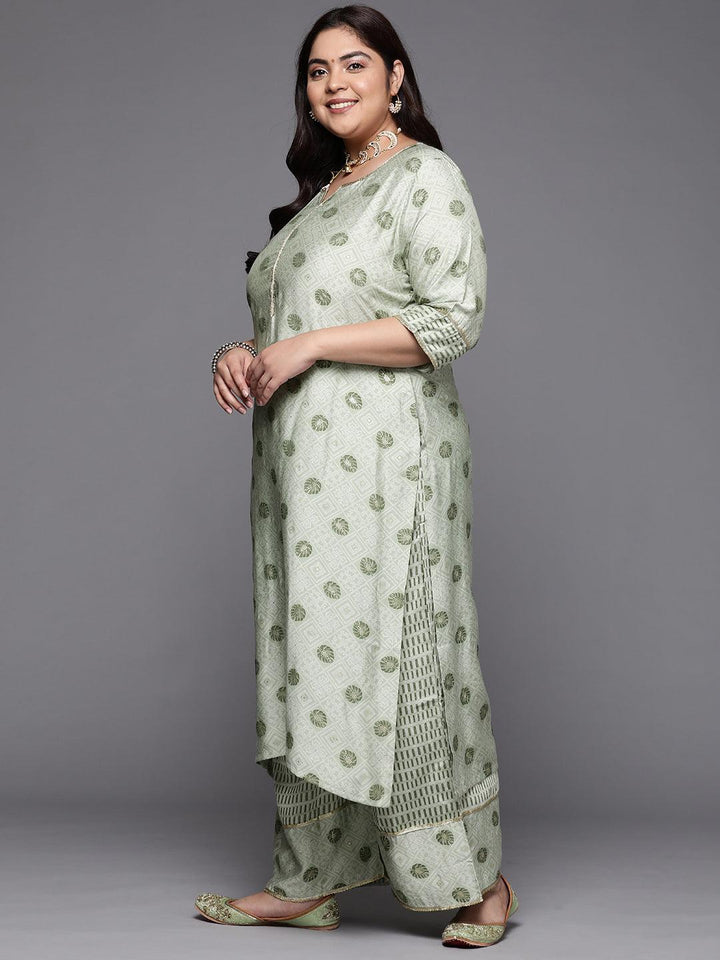 Plus Size Green Printed Silk Blend Straight Suit Set