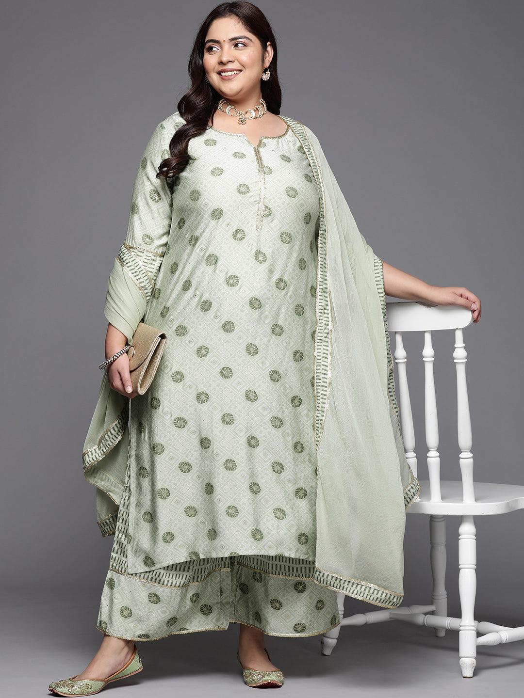 Plus Size Green Printed Silk Blend Straight Suit Set - ShopLibas