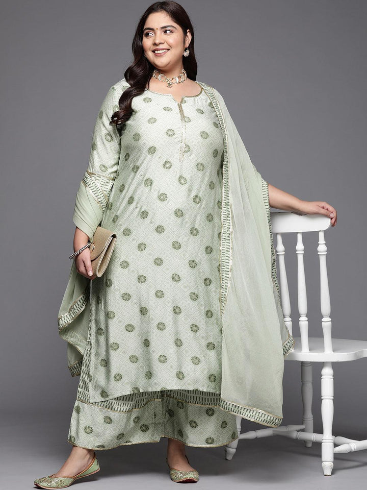 Plus Size Green Printed Silk Blend Straight Suit Set