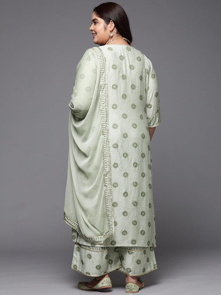 Plus Size Green Printed Silk Blend Straight Suit Set