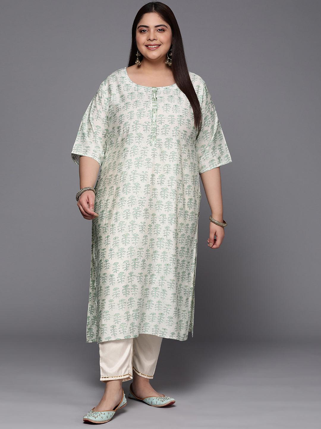 Plus Size Green Printed Silk Straight Kurta - ShopLibas