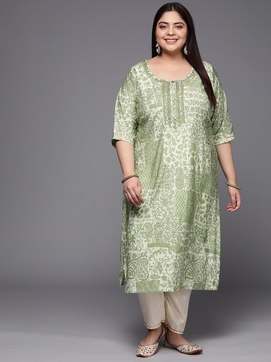 Plus Size Green Printed Silk Straight Kurta - ShopLibas