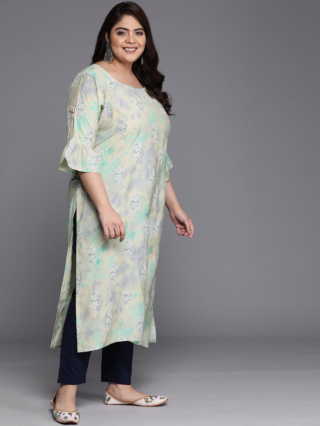 Plus Size Green Printed Silk Straight Kurta - Libas