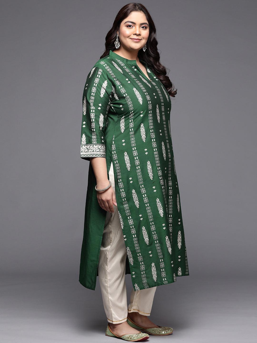 Plus Size Green Printed Silk Straight Kurta - ShopLibas