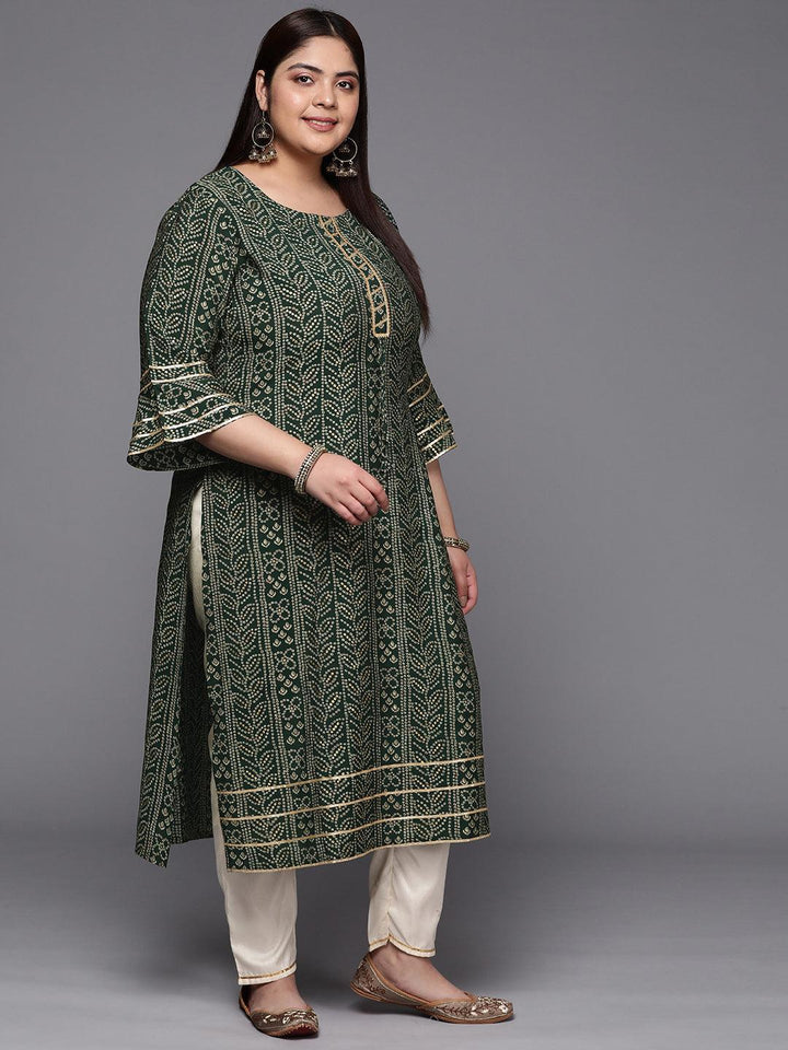 Plus Size Green Printed Silk Straight Kurta