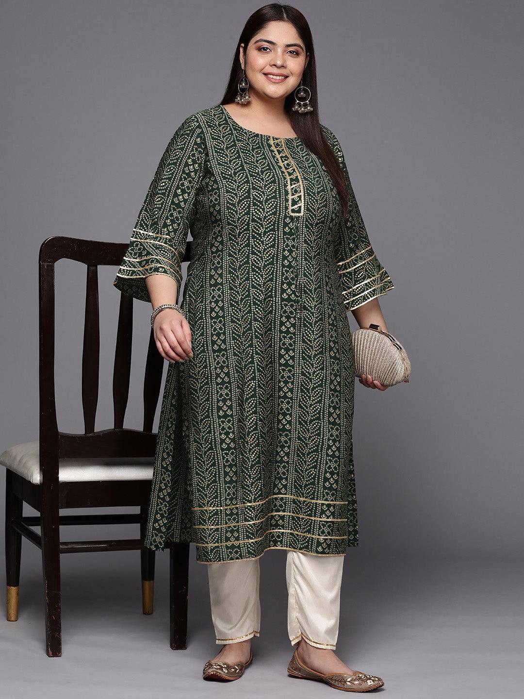 Plus Size Green Printed Silk Straight Kurta - ShopLibas