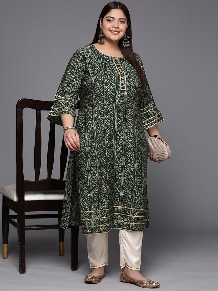 Plus Size Green Printed Silk Straight Kurta