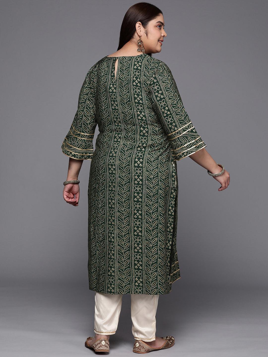 Plus Size Green Printed Silk Straight Kurta - ShopLibas