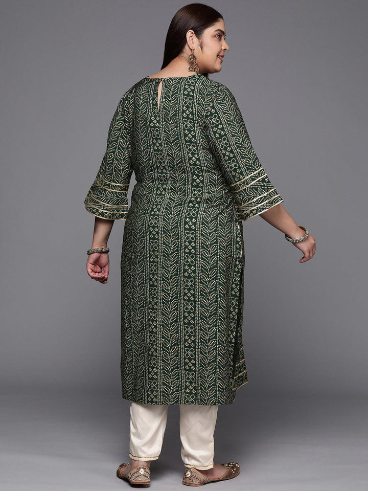 Plus Size Green Printed Silk Straight Kurta