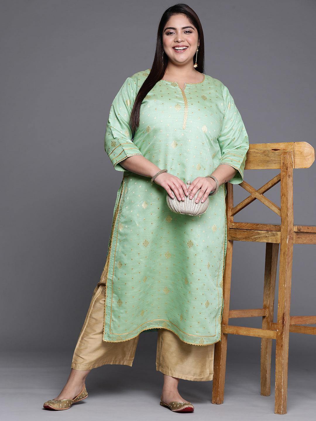 Plus Size Green Self Design Chanderi Silk Straight Kurta - ShopLibas