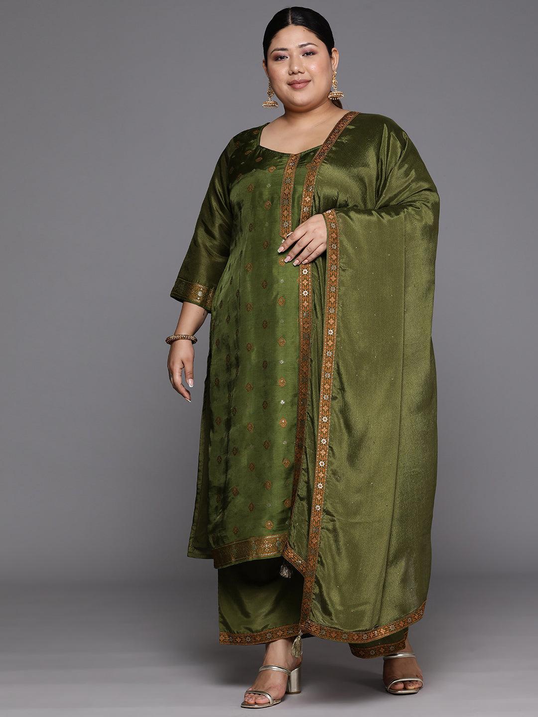 Women Green Woven Design Straight Kurta Trousers With Dupatta Set
