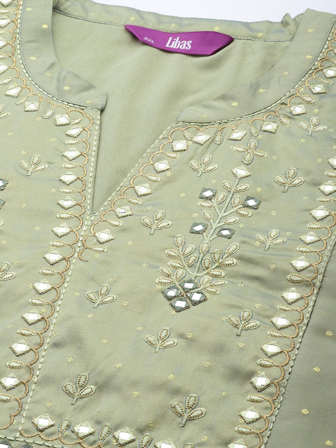 Plus Size Green Yoke Design Art Silk Straight Kurta - ShopLibas