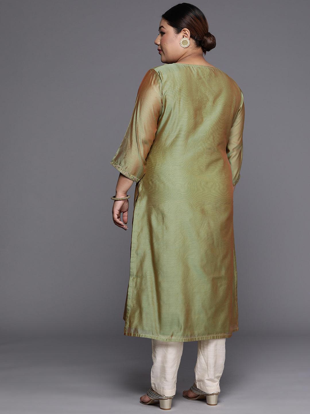 Plus Size Green Yoke Design Chanderi Cotton Straight Kurta - ShopLibas