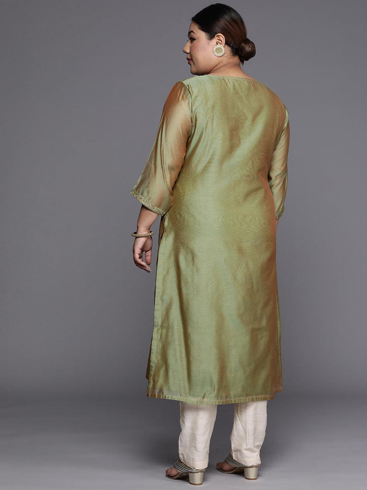 Plus Size Green Yoke Design Chanderi Cotton Straight Kurta