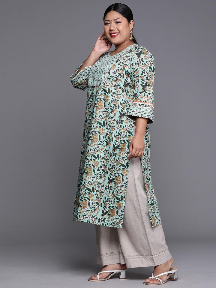 Plus Size Green Yoke Design Cotton Kurta