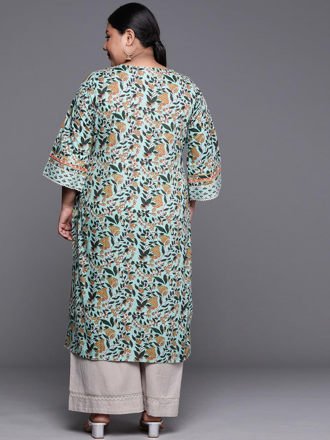 Plus Size Green Yoke Design Cotton Kurta - ShopLibas