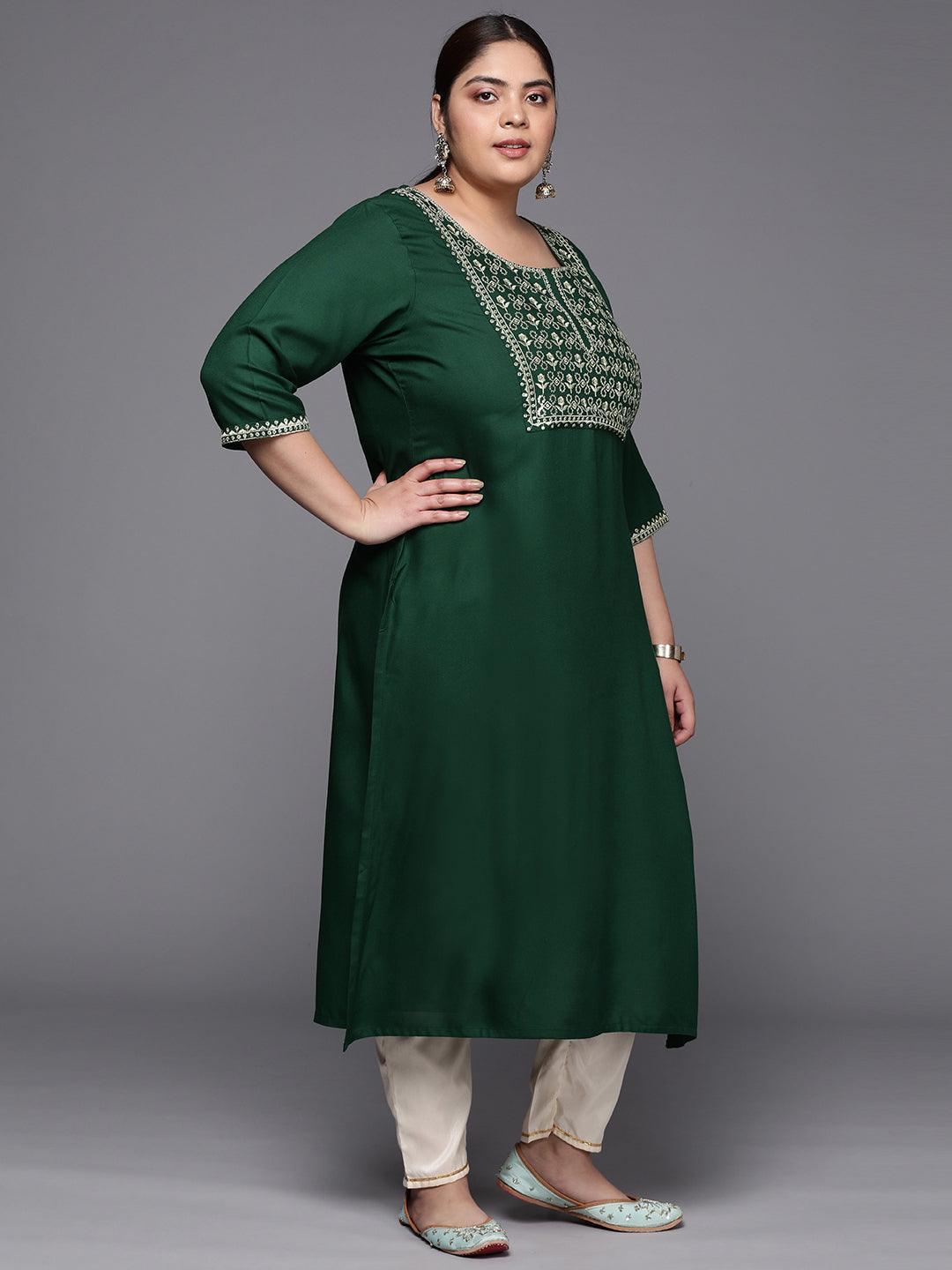 Plus Size Green Yoke Design Rayon Straight Kurta - ShopLibas