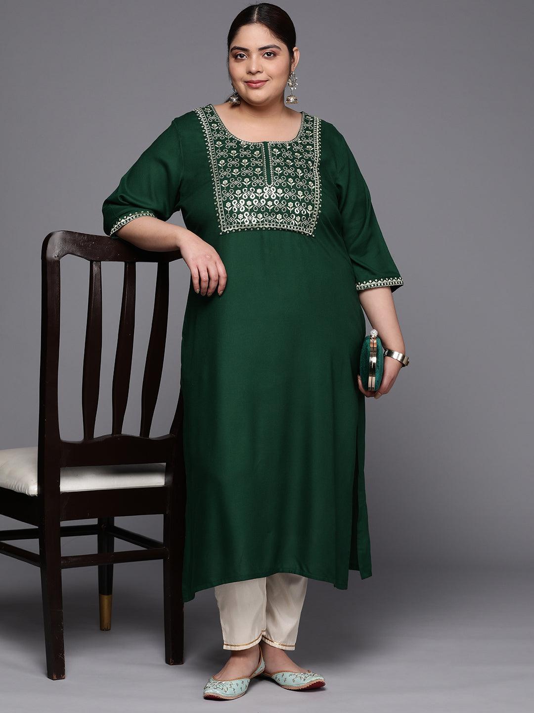 Plus Size Green Yoke Design Rayon Straight Kurta - ShopLibas