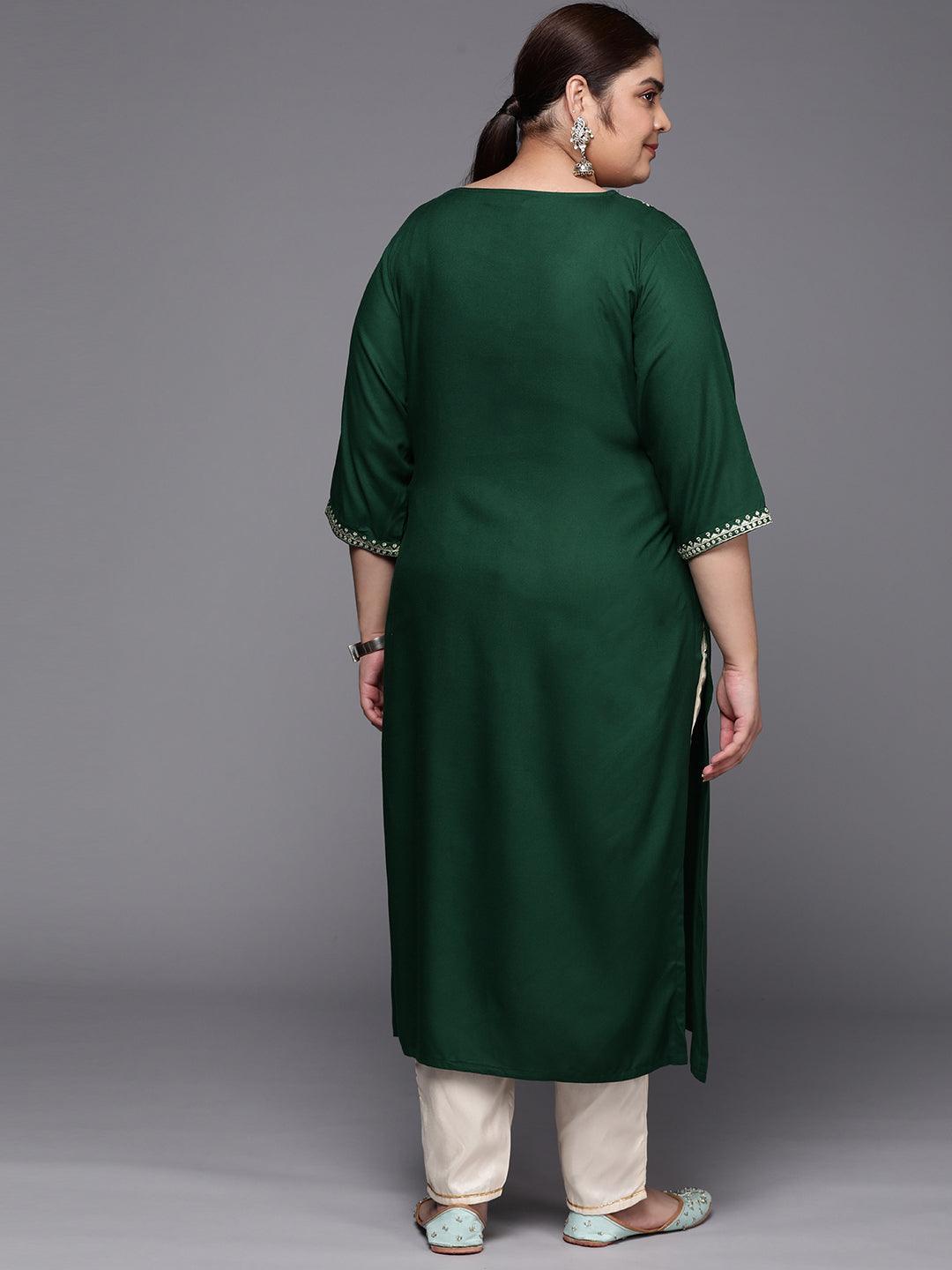Plus Size Green Yoke Design Rayon Straight Kurta - ShopLibas