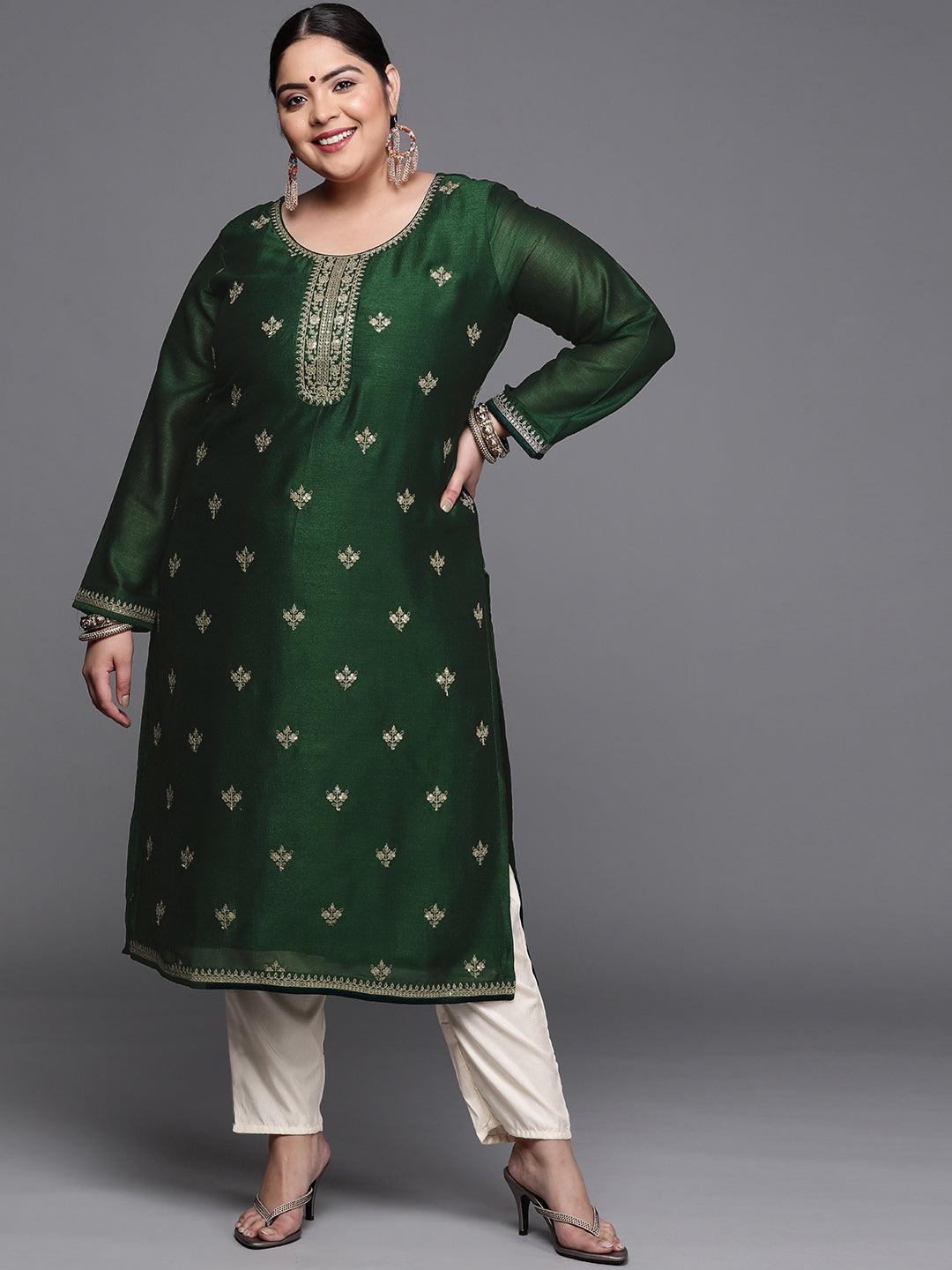 Plus Size Green Yoke Design Silk Kurta - ShopLibas