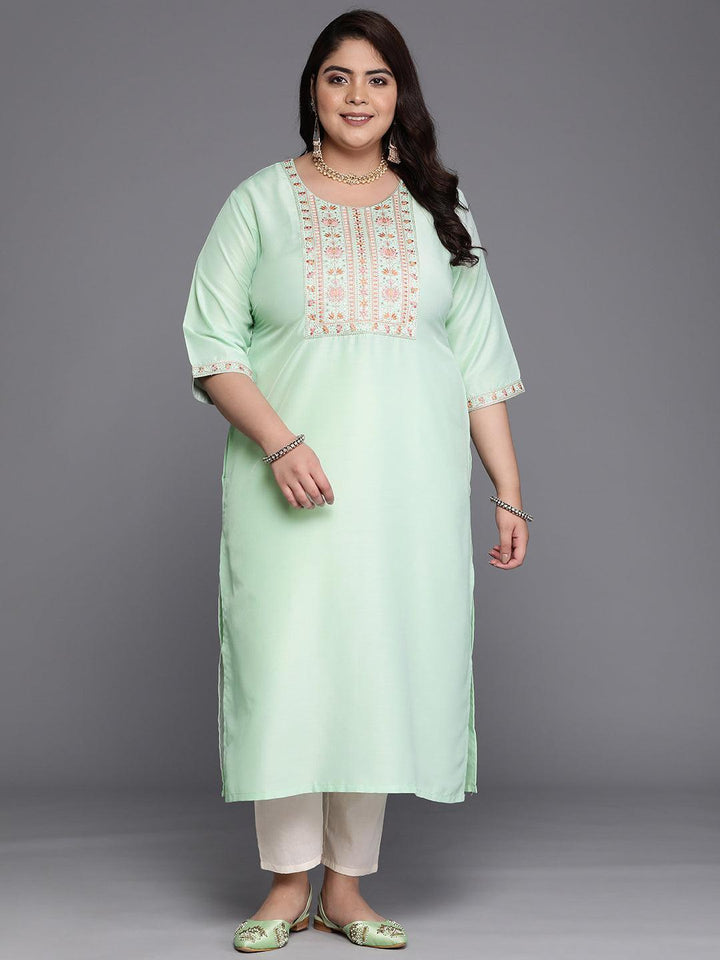 Plus Size Green Yoke Design Silk Straight Kurta