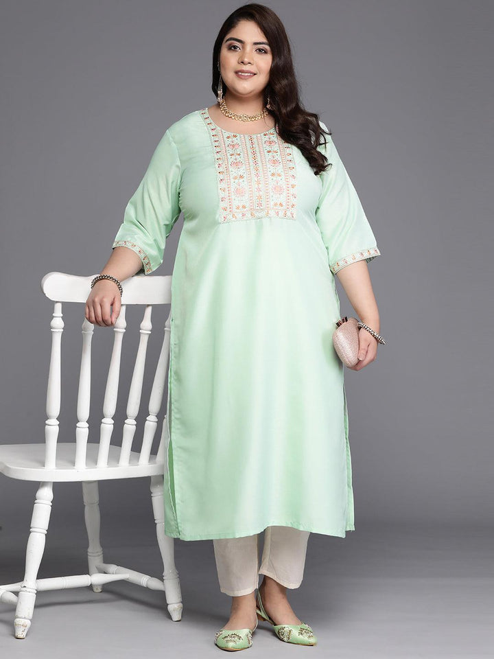 Plus Size Green Yoke Design Silk Straight Kurta