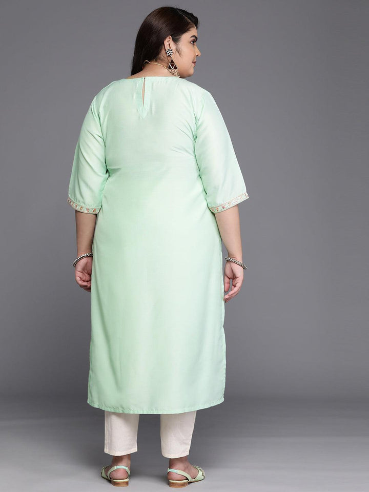 Plus Size Green Yoke Design Silk Straight Kurta
