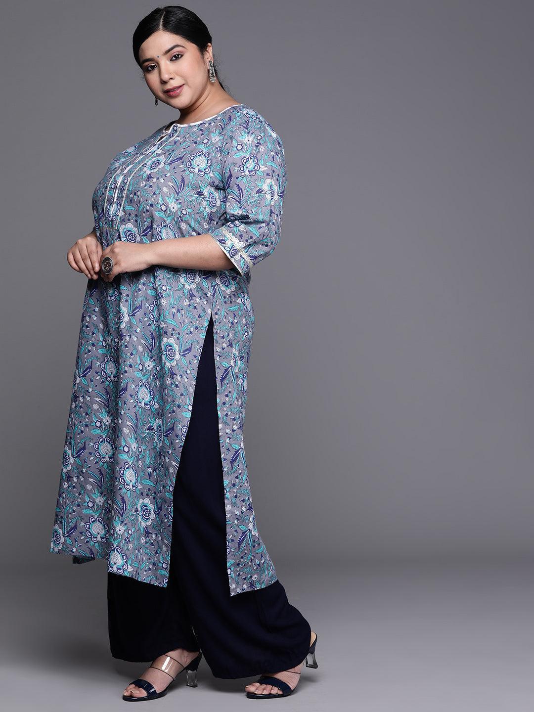 Plus Size Grey Printed Cotton Kurta - Libas
