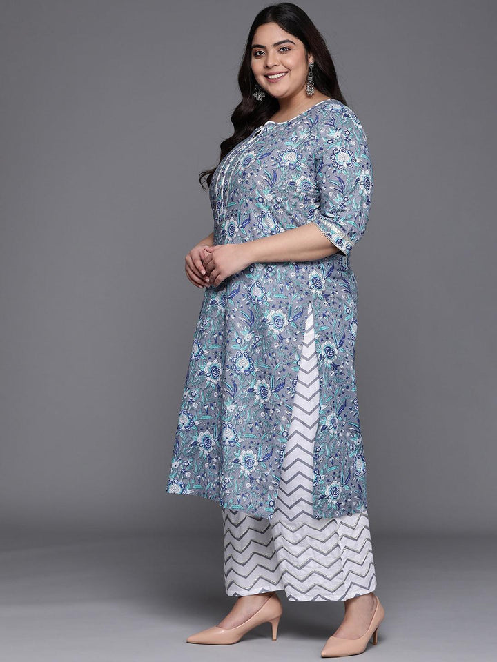 Plus Size Grey Printed Cotton Suit Set