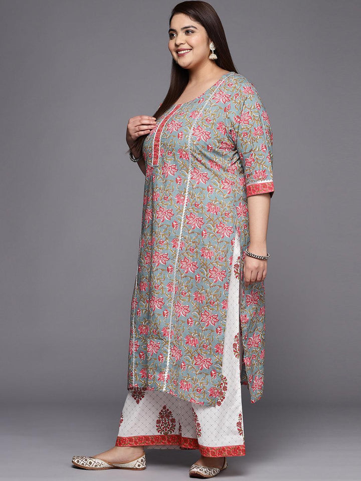 Plus Size Grey Printed Cotton Straight Suit Set