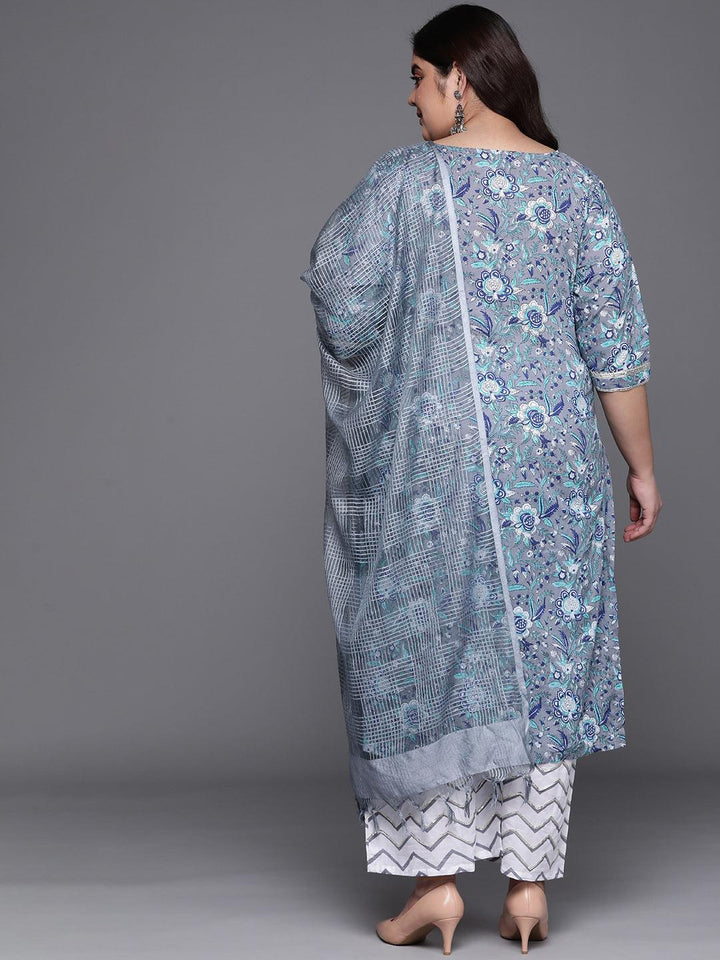 Plus Size Grey Printed Cotton Suit Set