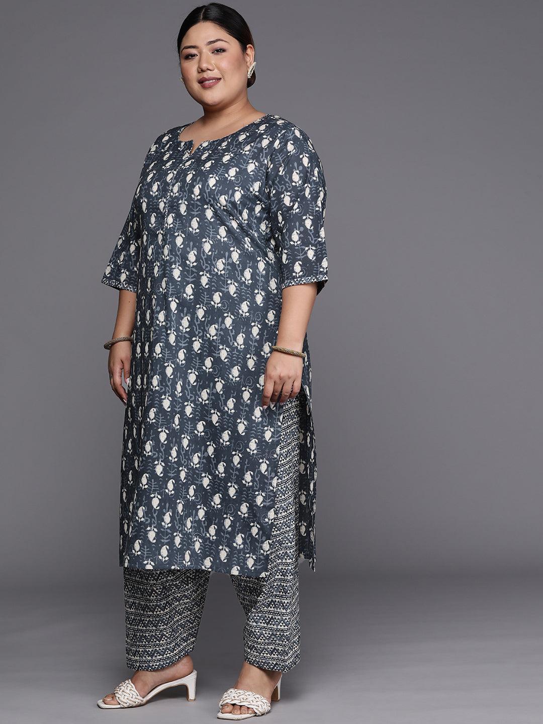 Plus Size Grey Printed Cotton Straight Suit Set - ShopLibas