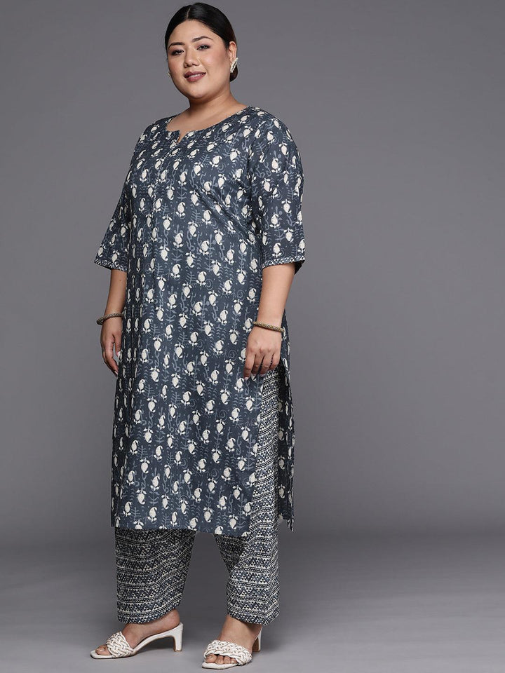 Plus Size Grey Printed Cotton Straight Suit Set