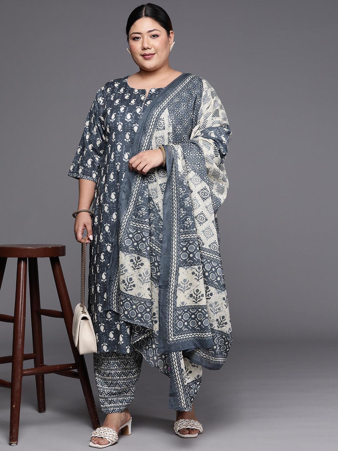 Plus Size Grey Printed Cotton Straight Suit Set - ShopLibas