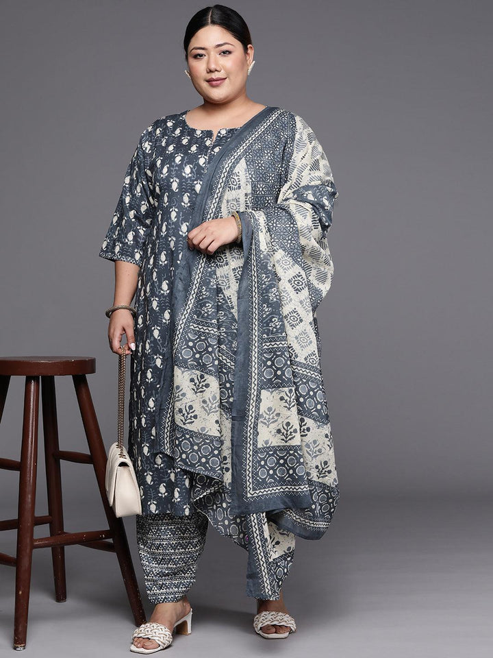 Plus Size Grey Printed Cotton Straight Suit Set