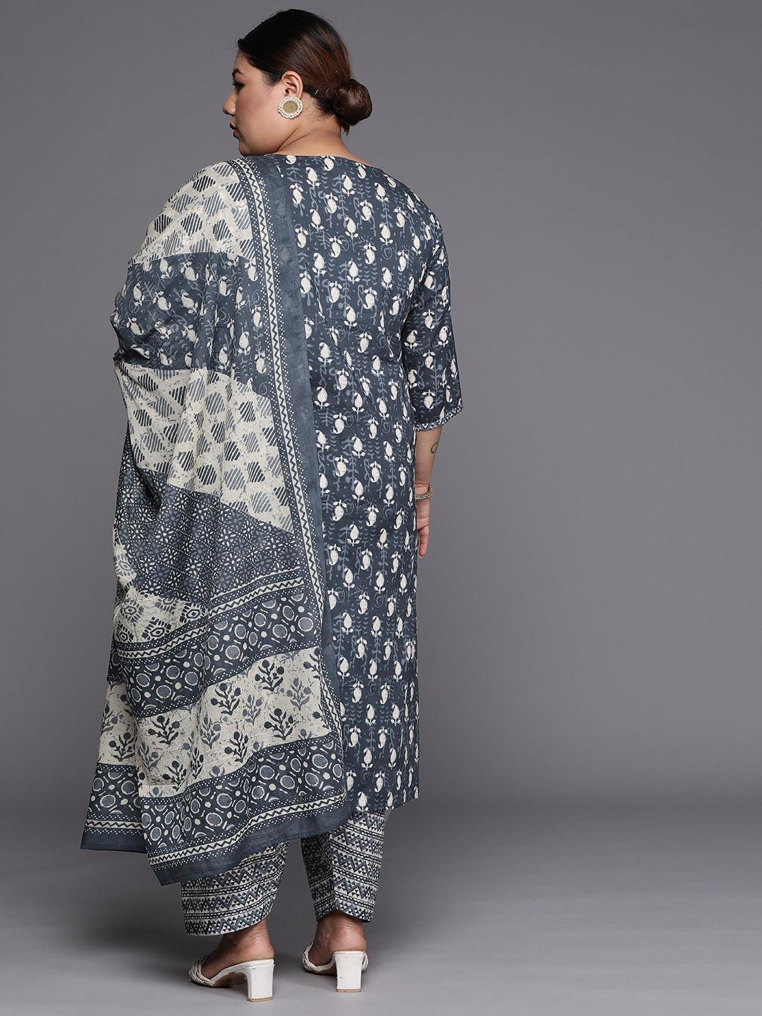 Plus Size Grey Printed Cotton Straight Suit Set - ShopLibas