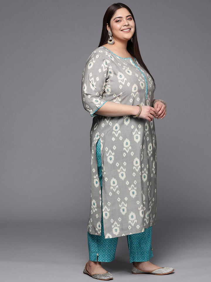 Plus Size Grey Printed Silk Blend Suit Set With Trousers