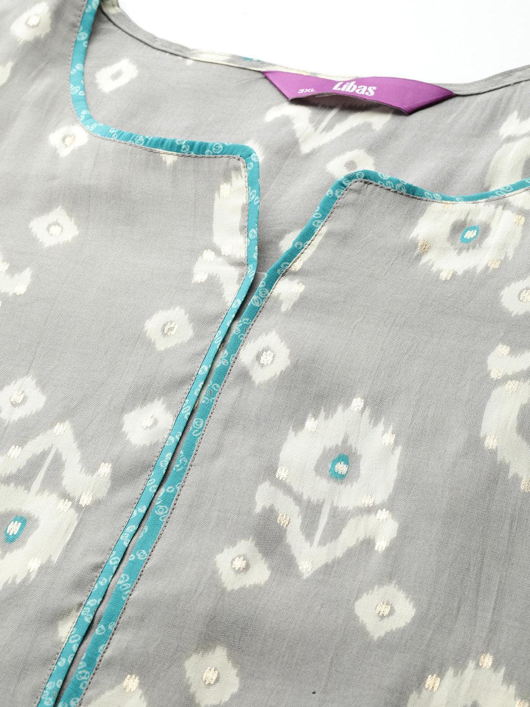 Plus Size Grey Printed Silk Blend Suit Set With Trousers - ShopLibas