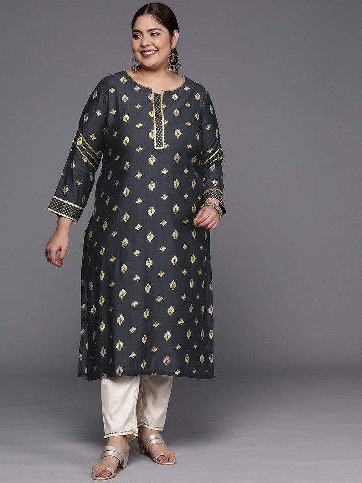 Plus Size Grey Printed Silk Straight Kurta